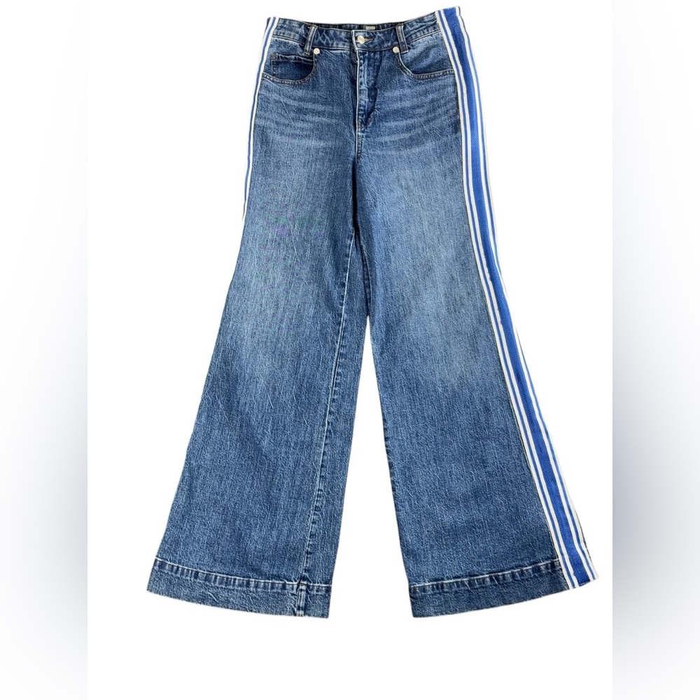 Maeve Blue Wide-Leg Flare Jeans with White & Royal Stripe